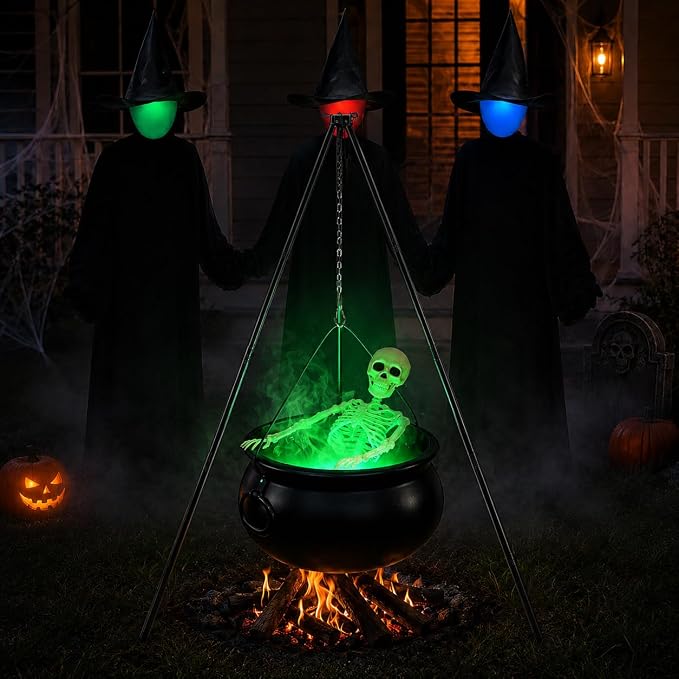 Halloween Decorations Outside - Large Witches Cauldron on Tripod with Skeleton & Fog Maker - Skeleton Halloween Party Decor for Outdoor Yard Home Porch