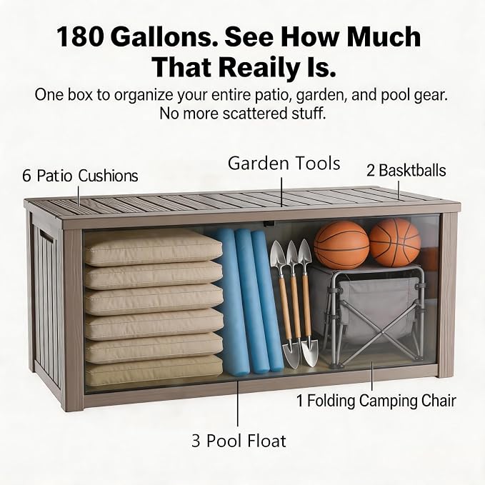 180 Gallon Outdoor Storage Box Waterproof, Large Resin Deck Box with Lockable Lid & Soft-Close Hydraulic Struts, Outside Storage Box for Patio Furniture, Garden Tools, Pool Accessories, Grey