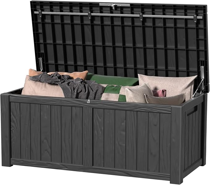 DRATO 150 Gallon Outdoor Storage Box Waterproof, Resin Large Deck Box for Patio Furniture Bench, Pool Garden Tools, Weatherproof Outside Storage Bin for Backyard Porch (Black, 150 Gallon)