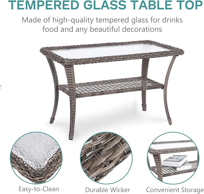 MEETWARM 7 Pieces Outdoor Patio Rattan Furniture Sets, All Weather Patio Wicker Conversation Set- 2 Rocking Chairs, 2 Swivel Chairs, 1 Loveseat Glider w/Cushions, 2 Glass-Top Coffee Table, Gray
