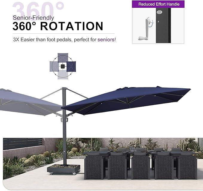 PURPLE LEAF 13' X10' Space Saving Rectangle Patio Umbrella Large Outdoor Aluminum Offset Umbrella with 360-degree Rotation Cantilever Umbrella for Garden Deck Backyard Pool Navy Blue