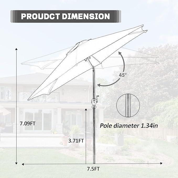 GDY 7.5FT Patio Umbrella Outdoor Table Umbrella,Market Umbrella with Push Button Tilt and Crank for Garden, Lawn, Deck, Backyard & Pool (Lake Blue)