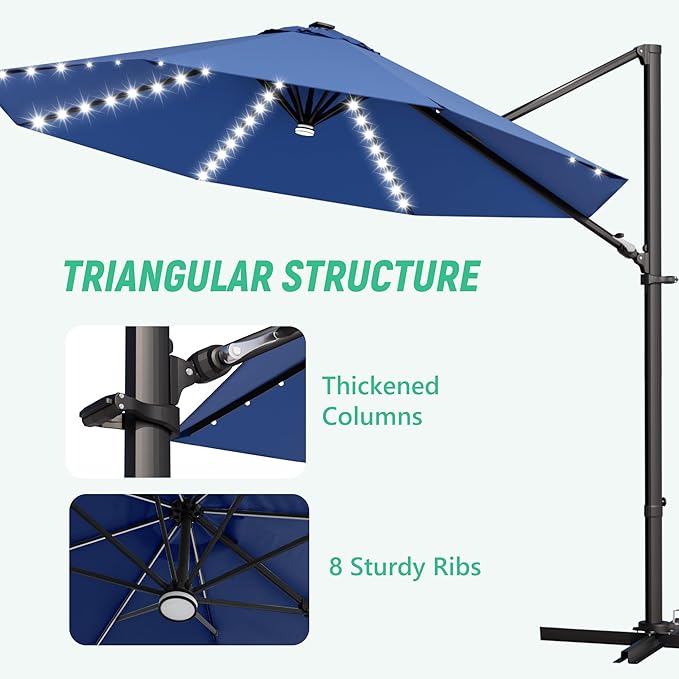 Greesum 10FT Outdoor Patio Umbrella with High Pedel and 4 Gear Heights, Large Offset Umbrella with Solar LED Lights and 360-degree Rotation, Without Base, Hanging Outdoor Shade for Garden, Deep Blue
