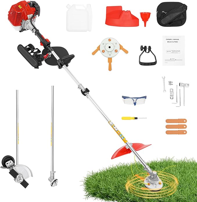 43CC Gas Powered 2-Stroke String Trimmer Weed Wacker Brush Cutter with Two Blade Heads, 1.25KW Weed Eater for Lawn and Garden Maintenance