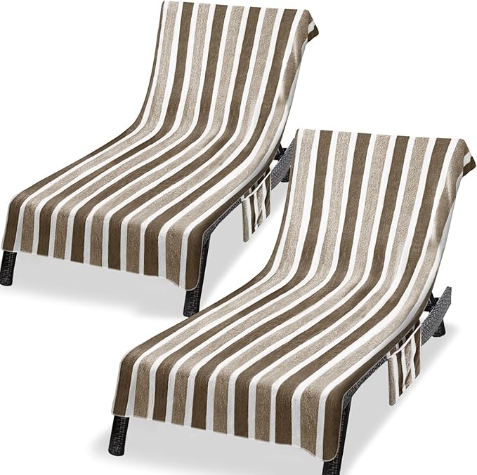 Lounge Chaise Chair Towel Cover, Pack of 2,Ultra Plush & Absorbent Micro Fleece Towel Cover for Pool,Beach,Outdoor(Garden,Courtyard) | Faster Drying,Non-Slip, 2 Side Pockets | 85" x 30"-Brown