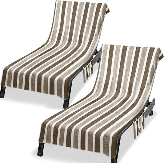 Lounge Chaise Chair Towel Cover, Pack of 2,Ultra Plush & Absorbent Micro Fleece Towel Cover for Pool,Beach,Outdoor(Garden,Courtyard) | Faster Drying,Non-Slip, 2 Side Pockets | 85" x 30"-Brown