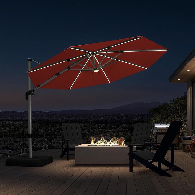 PURPLE LEAF 11ft Patio Umbrella with Lights Outdoor Round Cantilever Solar Powered LED Umbrella with 360-degree Rotation for Garden Deck Pool Patio, Brick Red