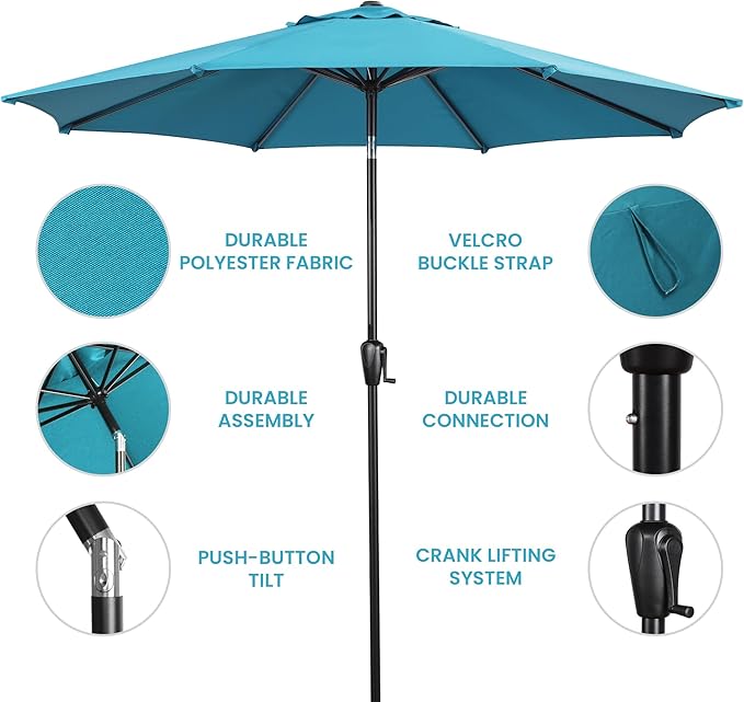 Sun-Ray 9' Round Patio Umbrella with Push-Button Tilt and Hand Crank Lift System, Market Umbrella for Porch, Deck, and Patio