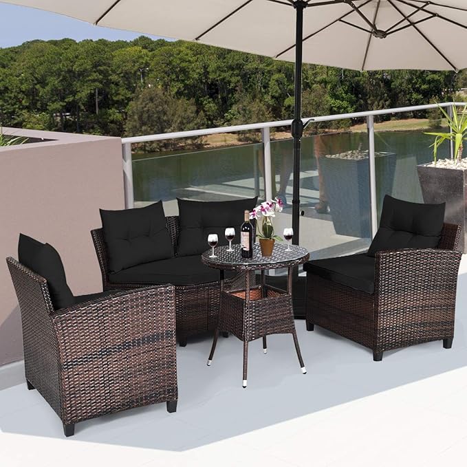 Tangkula 4-Piece C Shape Patio Furniture Set, Outdoor Corner Wicker Rattan Sectional Cushioned Sofa Set, with Glass Coffee Table, for Garden Poolside Balcony (Black)
