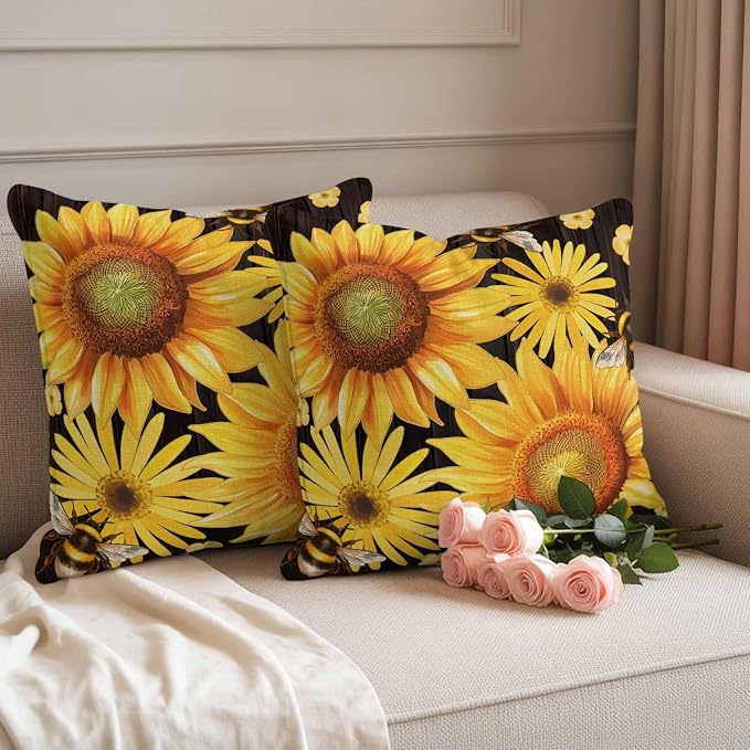 Outdoor Throw Pillow Covers,Yellow Sunflower Daisy Flower Waterproof Decorative Pillowcases Cushion Cover Spring Rustic Floral Bee Black Pillow Cases for Patio Couch Sofa Bed,18x18in Set of 2