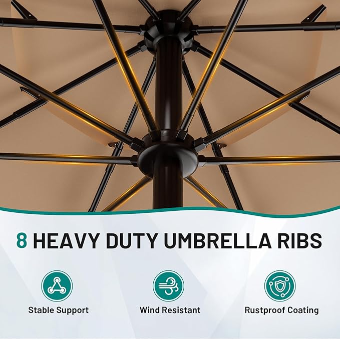 AreShark 9FT 3-Tiers Patio Umbrella with Valance, Outdoor Umbrellas with Crank/Tilt, Table Market Umbrella Vented w/ 8 Sturdy Ribs for Garden, Deck, Backyard, and Pool, Beige