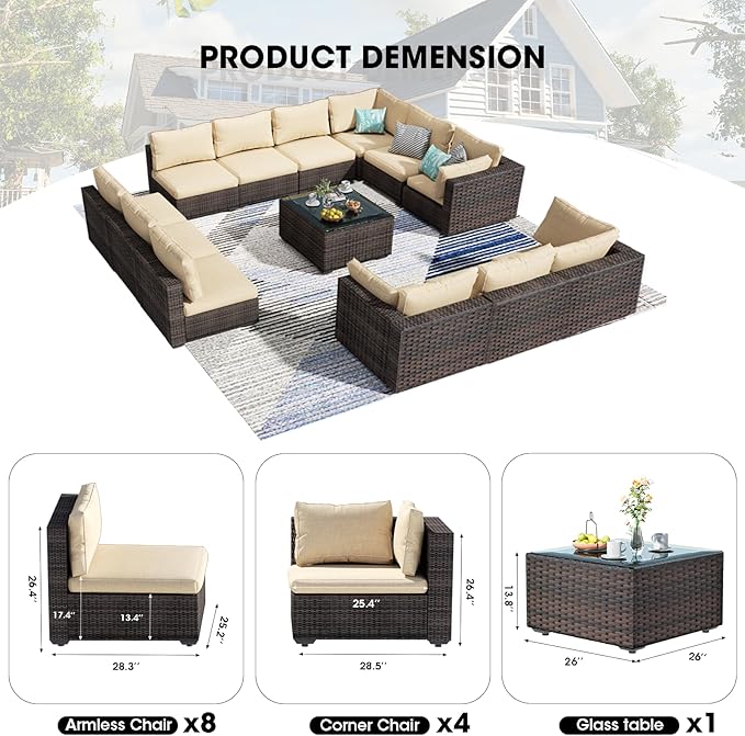 13 Piece Patio Furniture Set All Weather PE Rattan Outdoor Sectional Sofa Couch with No-Slip Cushions and Glass Top Table for Garden, Poolside, Backyard (Beige)