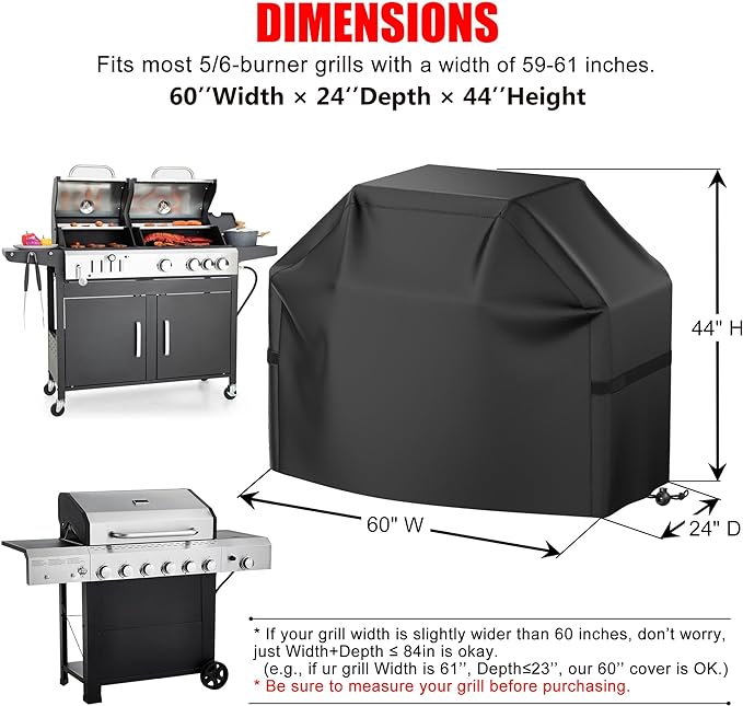 BBQ Grill Cover, Waterproof, Weather Resistant, Rip-Proof, Anti-UV, Fade Resistant, with Hook-and-Loop Straps, Gas Grill Cover for Most Grills, 60 inch, Black