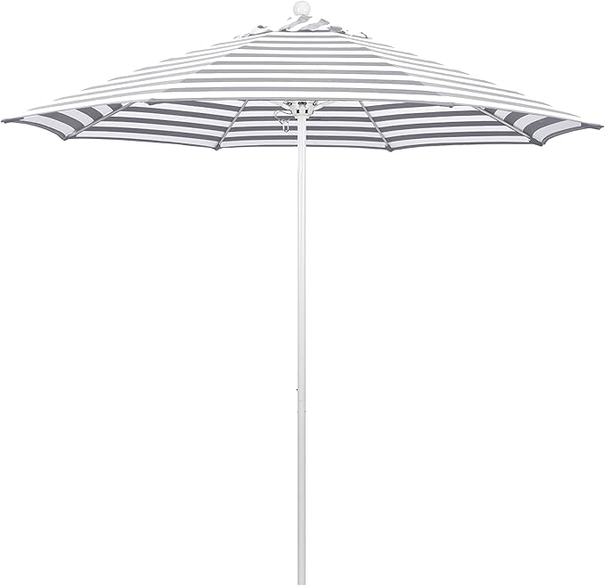 California Umbrella 9' Round Contract Grade Patio Umbrella, Push Open, White Finish, Gray/White Olefin