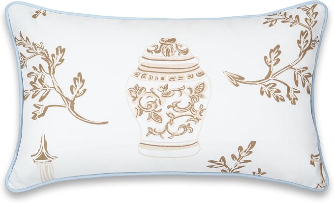 Hofdeco Premium Coastal Patio Indoor Outdoor Lumbar Pillow Cover Only, 12"x20" Water Repellent for Backyard, Couch, Baby Blue Tan Chinoiserie with Piping