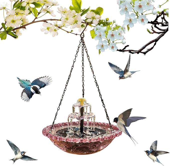 UZTK-2026 Solar Cascade Hanging Bird Bath Fountain, Solar Powered Outdoor Water Fountain for Hummingbirds, Decorative Bird Bath Shower Bowl Kit for Garden Yard Patio Backyard (Purple Double Layer)