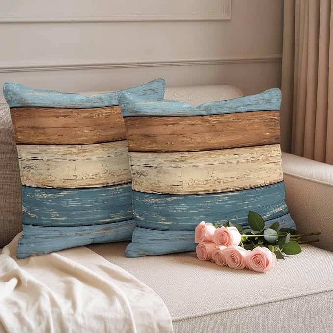 Farmhouse Blue Brown Outdoor Waterproof Pillow Covers, Vintage Wooden Striped Decorative Square Throw Pillowcase Sofa Cushion Sham for Patio/Couch/Chair, 16"x16" 2 Pack
