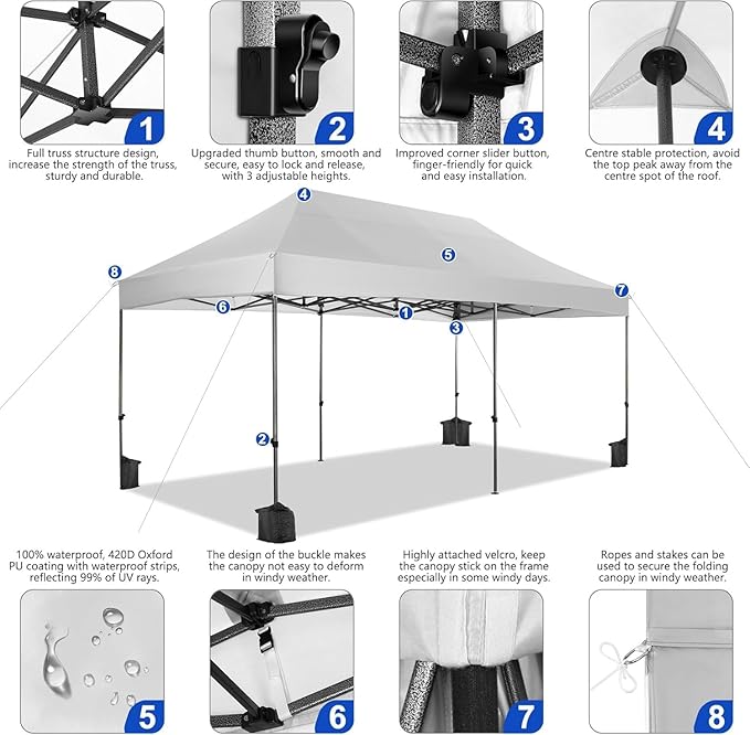 COBIZI 10x20 Pop up Canopy Tent Heavy Duty, Easy Set-up Commercial Outdoor Party Tents, 100% Waterproof Wedding Gazebo, 3 Height Adjustable with Wheeled Bag, White