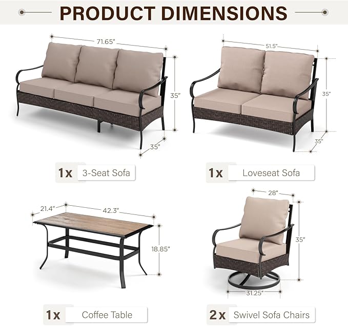GREEN PARTY Extra Large Outdoor Patio Furniture Set 5 Pieces for 7, Modern Metal Patio Conversation Sets with High Back 3-Seat Sofa & Loveseat Sofa, 2 Swivel Chairs, 1 Coffee Table