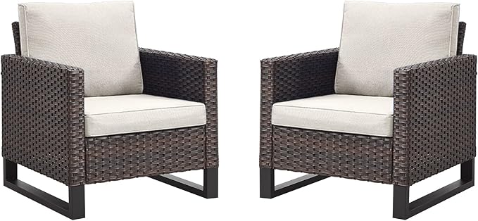 Rilyson Wicker Outdoor Patio Chairs Set of 2-2 Piece Rattan Chairs with Waterproof Wicker,Comfortable Cushions and Sturdy Metal Frame for Outside Porch Deck Backyard(Brown/Beige)