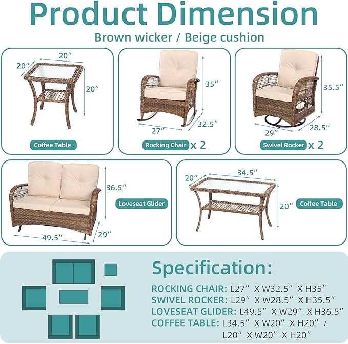 MEETWARM 7 Pieces Outdoor Patio Rattan Furniture Sets, All Weather Patio Wicker Conversation Set- 2 Rocking Chairs, 2 Swivel Chairs, 1 Loveseat Glider with Cushions, 2 Glass-Top Coffee Table, Beige