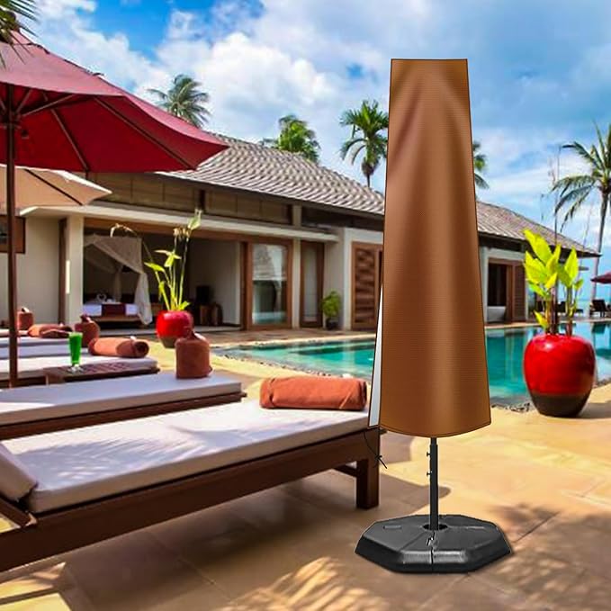 OKPOW Umbrella Cover 420D Oxford Fabric Patio Umbrella Covers Waterproof with Zip, for 9ft to 12ft Garden Outdoor Umbrella (Brown)