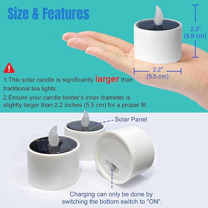 6 Pack Cool White Flickering Outdoor Waterproof Solar Powered Electric Candles, Solar LED Rechargeable Flameless Votive Candles, Flicker Battery Tea Lights Bulk for Outside Table Home Decor