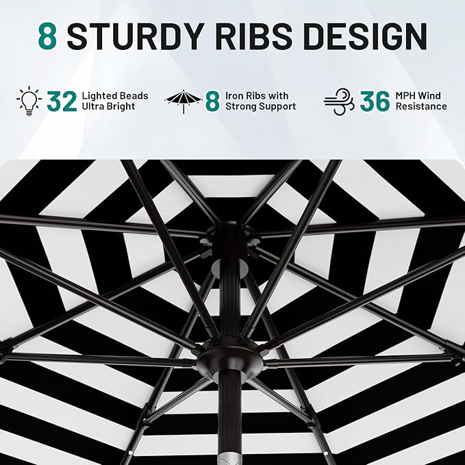 AreShark 9FT Patio Umbrella with Solar Lights, 32 Lighted Solar Table Market Umbrella w/Tilt and Crank Outdoor Umbrella for Garden, Deck, Backyard, Pool and Beach, Black and White Stripe