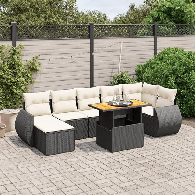 vidaXL Patio Sofa Set with Cushions 8 Piece, Outdoor Conversation Set, Sectional Sofa for Balcony Garden, Modern Style, Black Poly Rattan