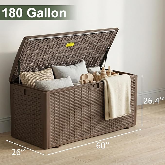 TARKARI Premium Pro Edition 180 Gallon Lockable Resin Deck Box, Waterproof & UV-Resistant Outdoor Storage Box for Outdoor Cushion Storage, Garden Tools & Pool Accessories Storage, Brown