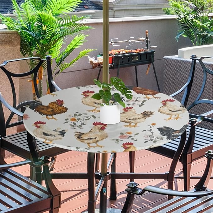 OSAM SPACE Outdoor Tablecloth with Umbrella Hole, Round Elastic Fitted Table Cloth with Invisible Zipper,Farmhouse Rooster Picnic Patio Table Cover 36-44in