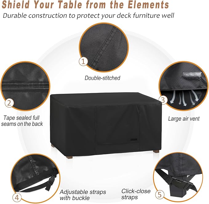NettyPro Patio Coffee Table Cover Rectangular, Waterproof Outdoor Furniture Small Side Table Cover Rectangle, 36x22x18 inch, Black