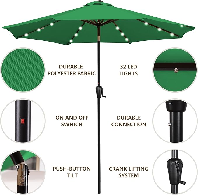 Sun-Ray 9' Round Patio Umbrella with 32 Solar Powered LED Lights, Push-Button Tilt and Hand Crank Lift, Solar Umbrella in Hunter Green for Porch, Deck, and Patio