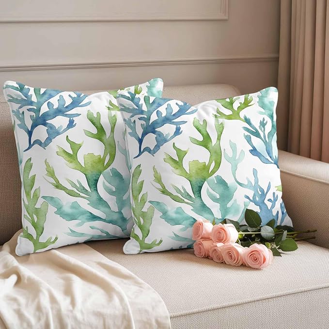 JasmineM Outdoor Pillow Cover 18x18 Inches Set of 2 Blue Teal Coral Waterproof Throw Pillow Covers Watercolor Green Decorative Pillowcases Garden Cushion Case for Patio Couch Sofa