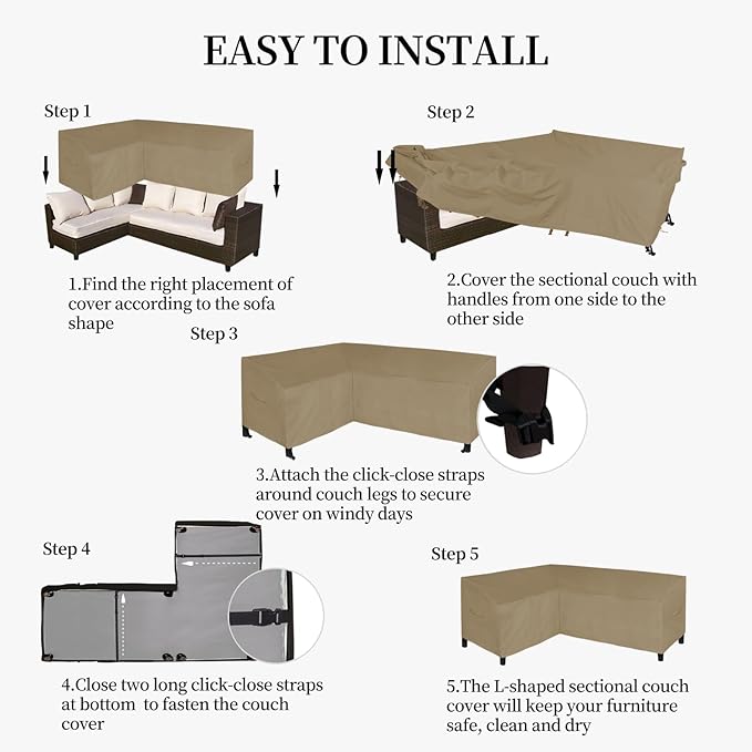 Easy-Going Patio L-Shaped Sectional Sofa Cover, 58"X85" Waterproof Heavy Duty Outdoor Garden Furniture Cover with Air Vent (Left Facing, Camel)