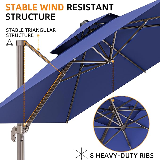 10' X 13' Outdoor Patio Umbrella Large Rectangle Cantilever Umbrella with Base Included, Heavy Duty 360°Rotation Offset Umbrella for Garden Deck Pool Patio,Navy Blue