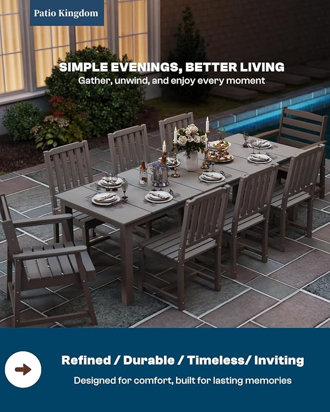 7-Piece Grey Outdoor Dining Set for 6, 75.2'' HDPE Table with Umbrella Hole & Chairs, Weather-Resistant Patio Furniture for Garden, Lawn, or Poolside