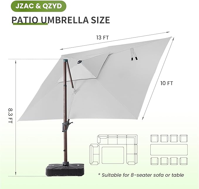 JZAC & QZYD 10X13 FT Outdoor Cantilever Patio Umbrella with Base Included and LED Lights, Large Heavy Duty 2-Tier Aluminum Offset Umbrellas with 360-Degree Rotation for Pool Deck, FogGrey