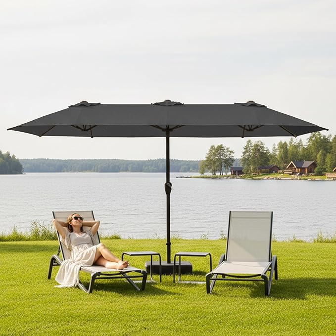 15FT Large Patio Umbrella with Base, Double Sided Rectangular Outdoor Umbrella with Sturdy Fiberglass Ribs, UPF 50+ Sun Protection, Wind-Resistant, Waterproof Fade-Resistant Fabric for Pool, Garden, Backyard, Deck(Gray)