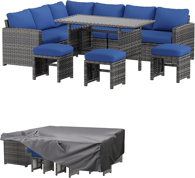 AECOJOY Outdoor Patio Furniture Set with Waterproof Cover, 7 Pieces Clearance Sectional Rattan Dining Table&Chairs, All Weather Wicker Conversation Sofa Couch, Dark Blue Cushions&Grey Rattan