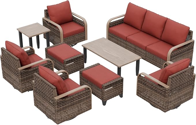 EAGLE PEAK Modern Wicker Outdoor Patio Furniture Set, Patio Conversation Set, 4 Swivel Rocker Chairs, 3-Seat Loveseat, 2 Ottomans, Coffee Table and Side Table, 9 Pieces, Brown/Red