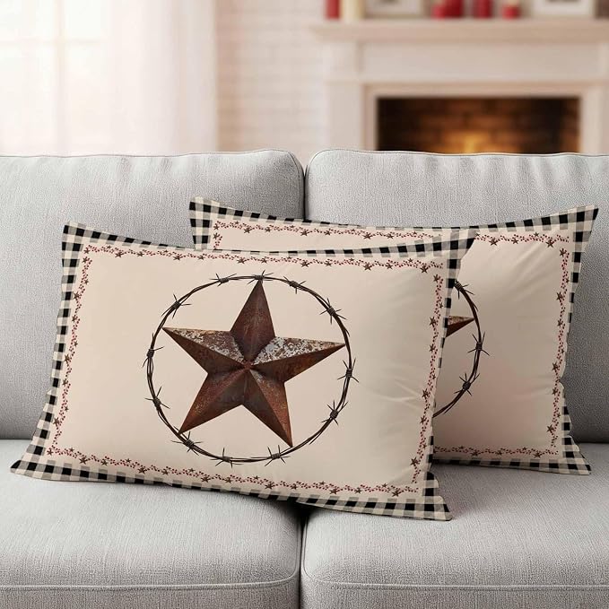 American Country Outdoor Waterproof Throw Pillow Covers Set of 2, 20"x12", Star Farmhouse Beige Black Buffalo Plaid Decorative Pillow Covers Outside Cushion Case for Patio Porch Garden