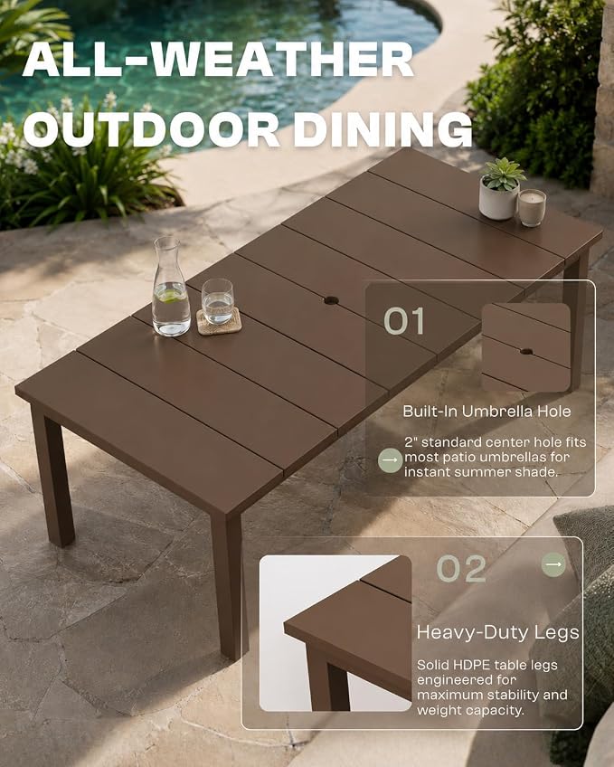 75.2" Outdoor Dining Table for 4-6 People, Patio Dining Outdoor Table with Umbrella Hole, All Weather Patio Table for Backyard, Deck and Garden, Brown