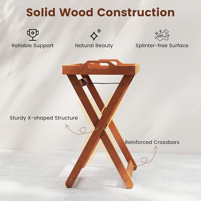 Tangkula Outdoor Wood Tray Table, Patio Portable Side End Table with Removable Serving Tray and Folding Frame, Outside Coffee Bistro Furniture for Porch, Balcony and Garden (1)