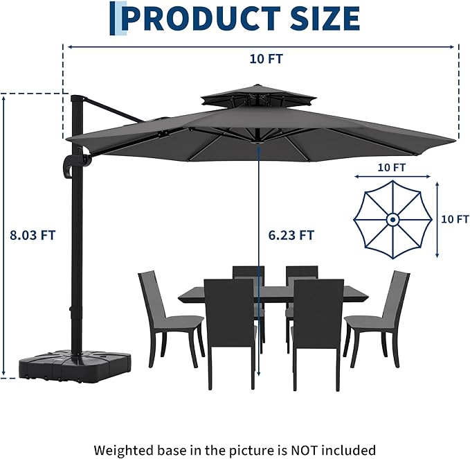10x10 ft Round Outdoor Umbrella, Cantilever Patio Umbrella with 360° Rotation & Adjustable Height, Heavy Duty Aluminum Umbrella Outdoor Patio for Garden Poolside,Grey (Base Not Included)