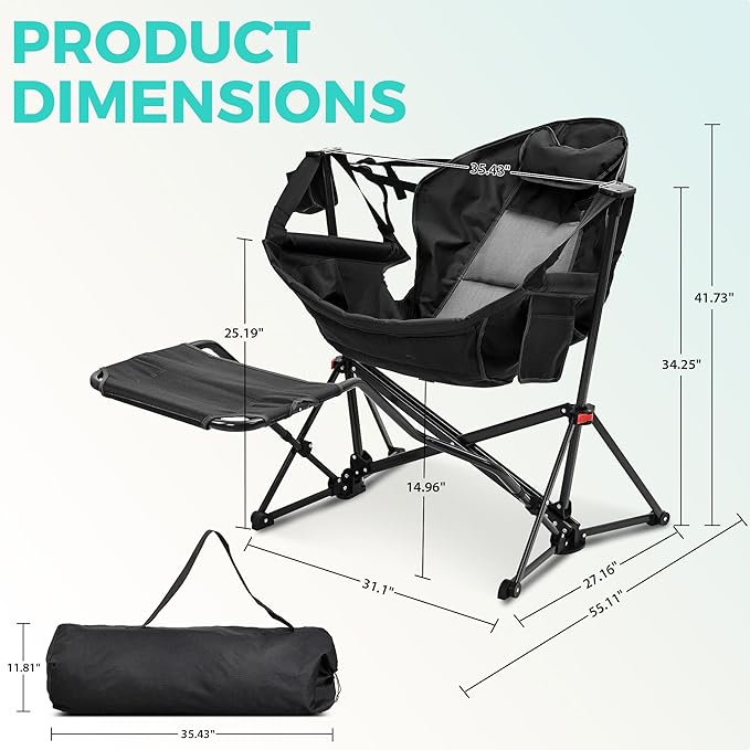 Ainfox Hammock Camping Chair with Footrest, Foldable Hammock with Stand for Adults Swinging Camp with Cup Holder for Outdoor Patio Lawn Black