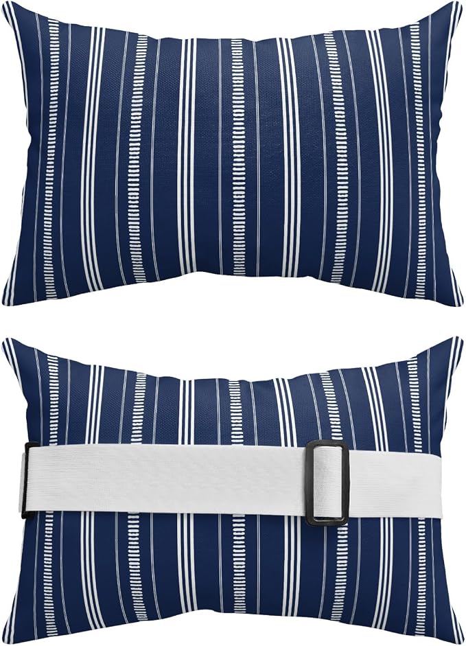 Outdoor Lumbar Pillow 12x20 Inch, Boho Navy Blue Waterproof Throw Pillow Covers with Insert, Minimalist Farmhouse Striped Decorative Headrest Pillows for Office Car Travel