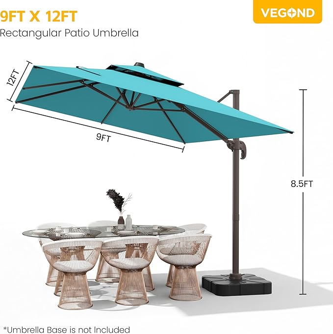 VEGOND 9x12 FT Patio Cantilever Umbrella (Base Not Included), Rectangular Heavy Duty Offset Umbrella for 6-8 People, 360°Rotation & Mult Tilt, Double Top Design, for Pool Garden Deck (Turquoise)