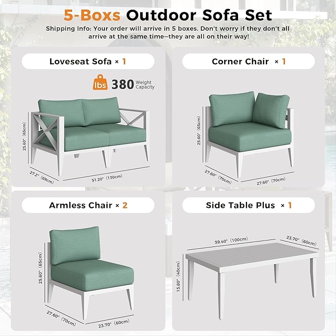 Aluminum Outdoor Patio Furniture Set,5-Seats Conner Patio Sectional Conversation Sofa with 5.2" All-Weather Cushions and Coffee Table,Rust-Resistant Frame Sofa for Deck, Porch, Garden (White)