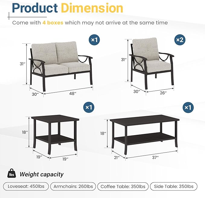RoyalCraft 4-Pieces Outdoor Patio Furniture Set, Outdoor Metal Sectional Furniture with Cushions, Outdoor Conversation Seating Set with Coffee Table for Balcony, Backyard, Garden, Deck, Beige